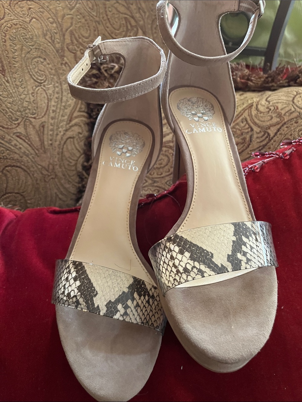 Vince Camuto Neutral Taupe Suede Sandals with Snake-Print Strap